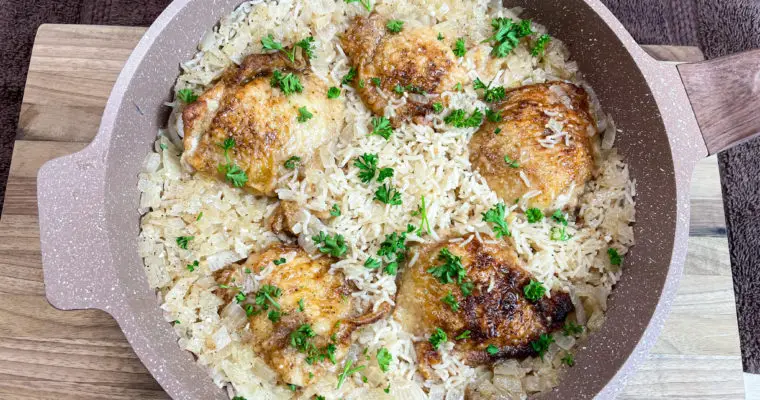 One Pan Seared Chicken Thighs & Rice