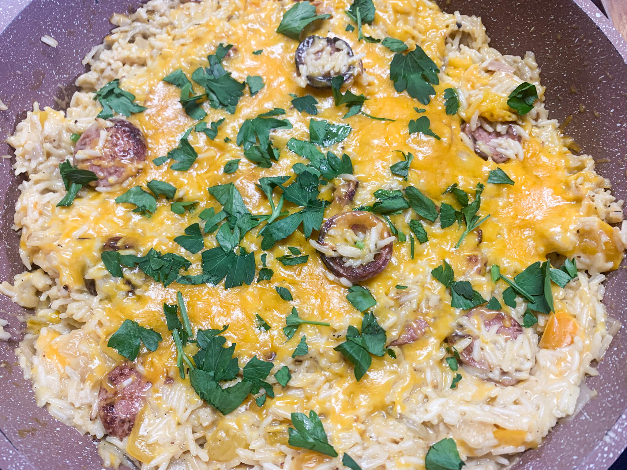 One Skillet Smoked Sausage And Cheesy Rice Catherine S Plates