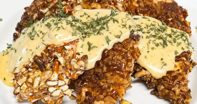 Pretzel Crusted Chicken with Cheese Sauce